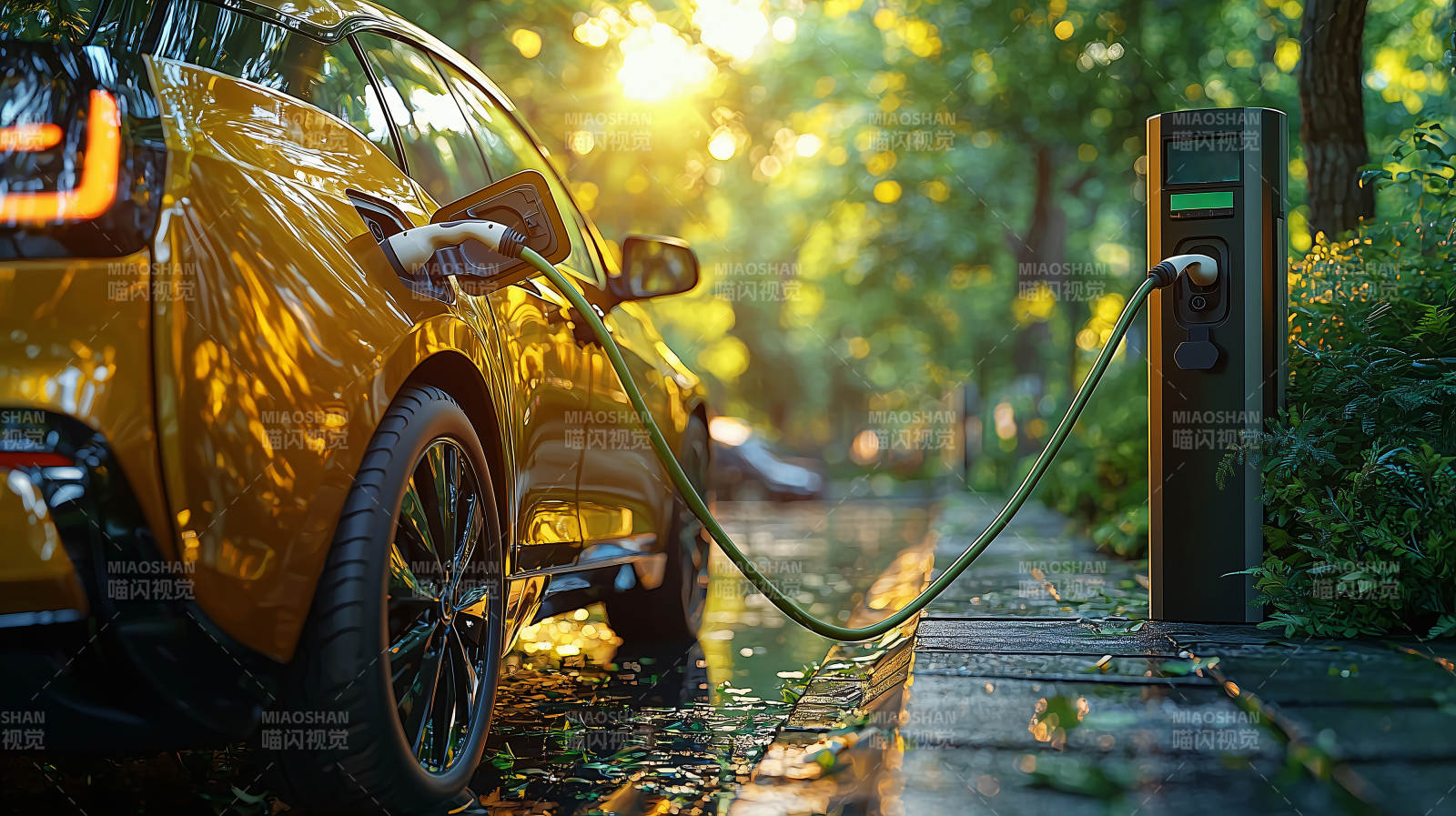 阳光下的电动汽车充电图片