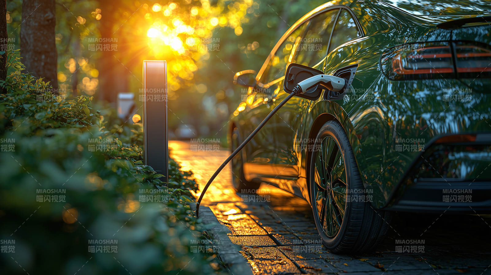绿车充电 夕阳相伴图片