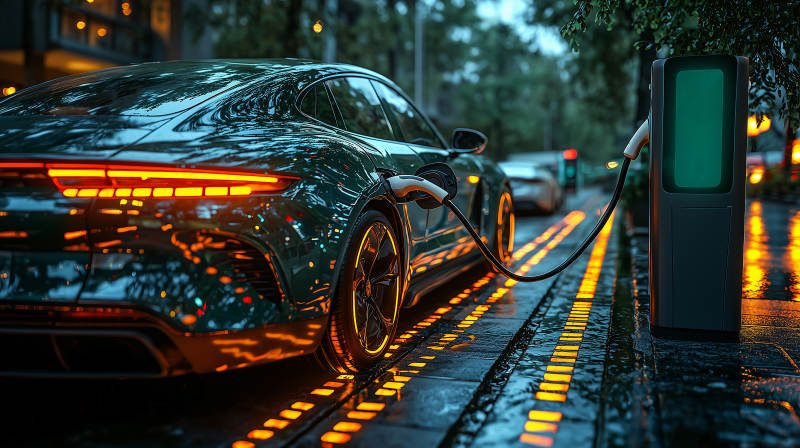 夜雨中充电的跑车图片