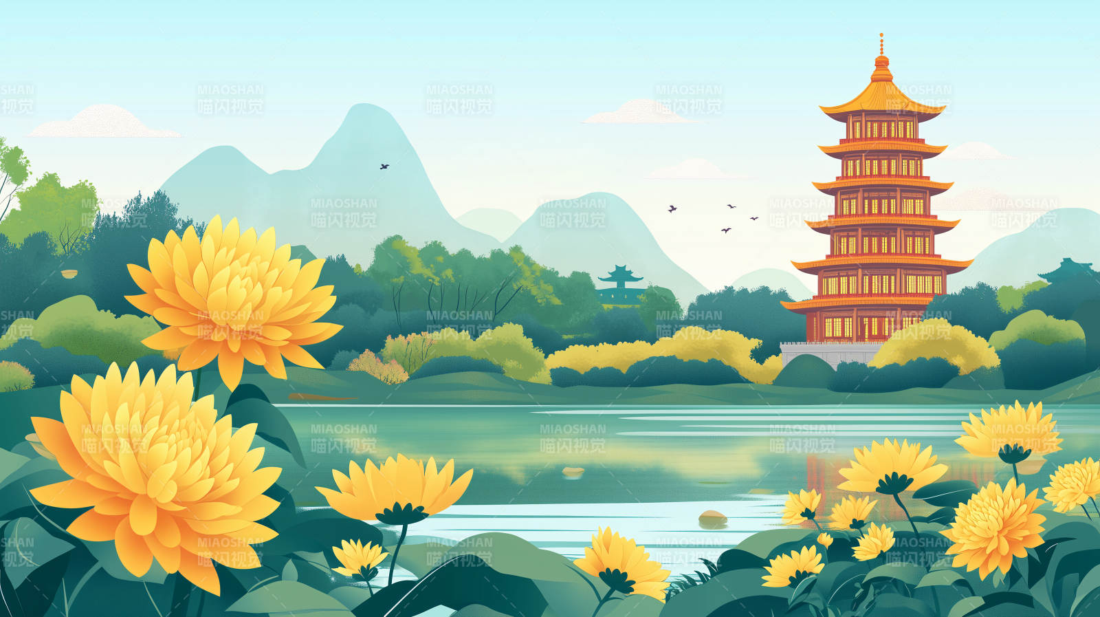 秋日塔影湖光图片