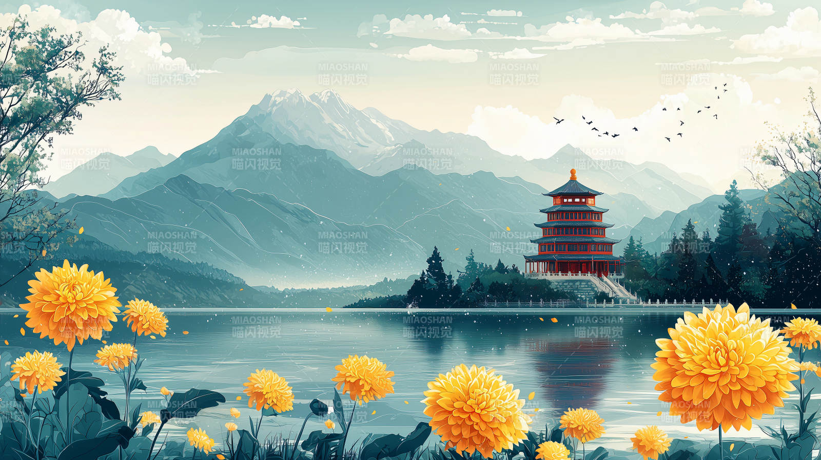 山水楼阁秋景图图片