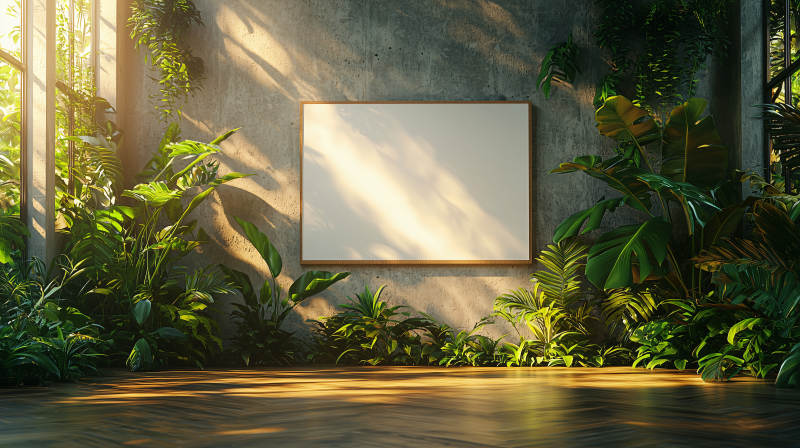 绿植环绕的空白画框图片