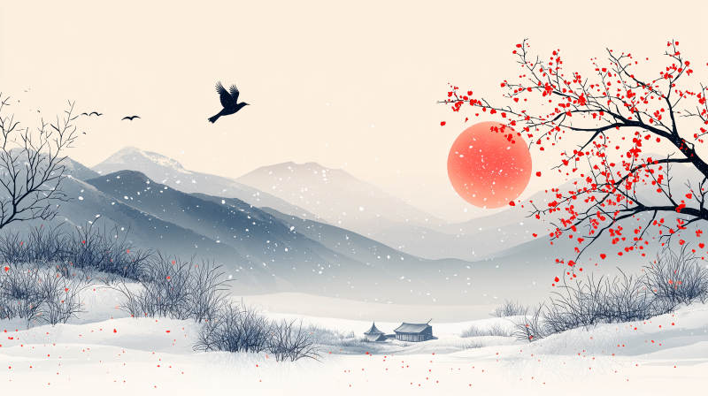 雪景红梅映日图片