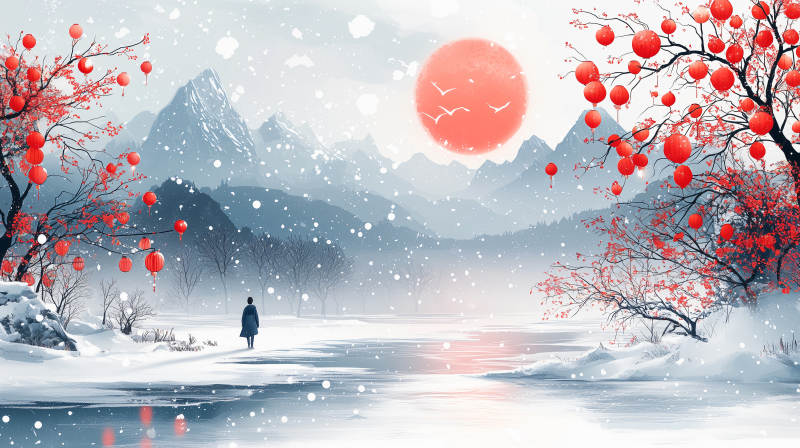 雪景红梅映夕阳图片