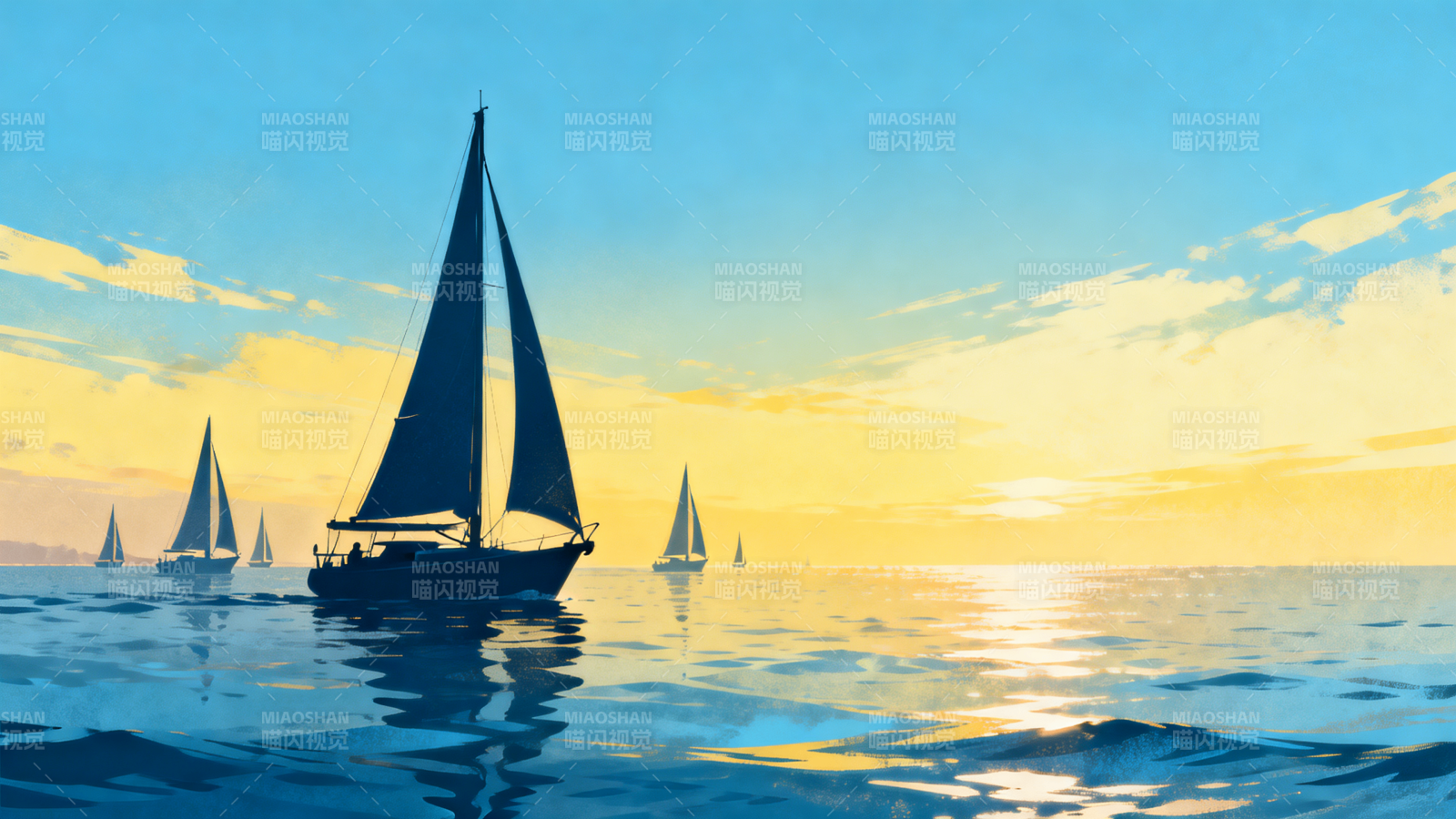 帆影逐浪夕阳下图片