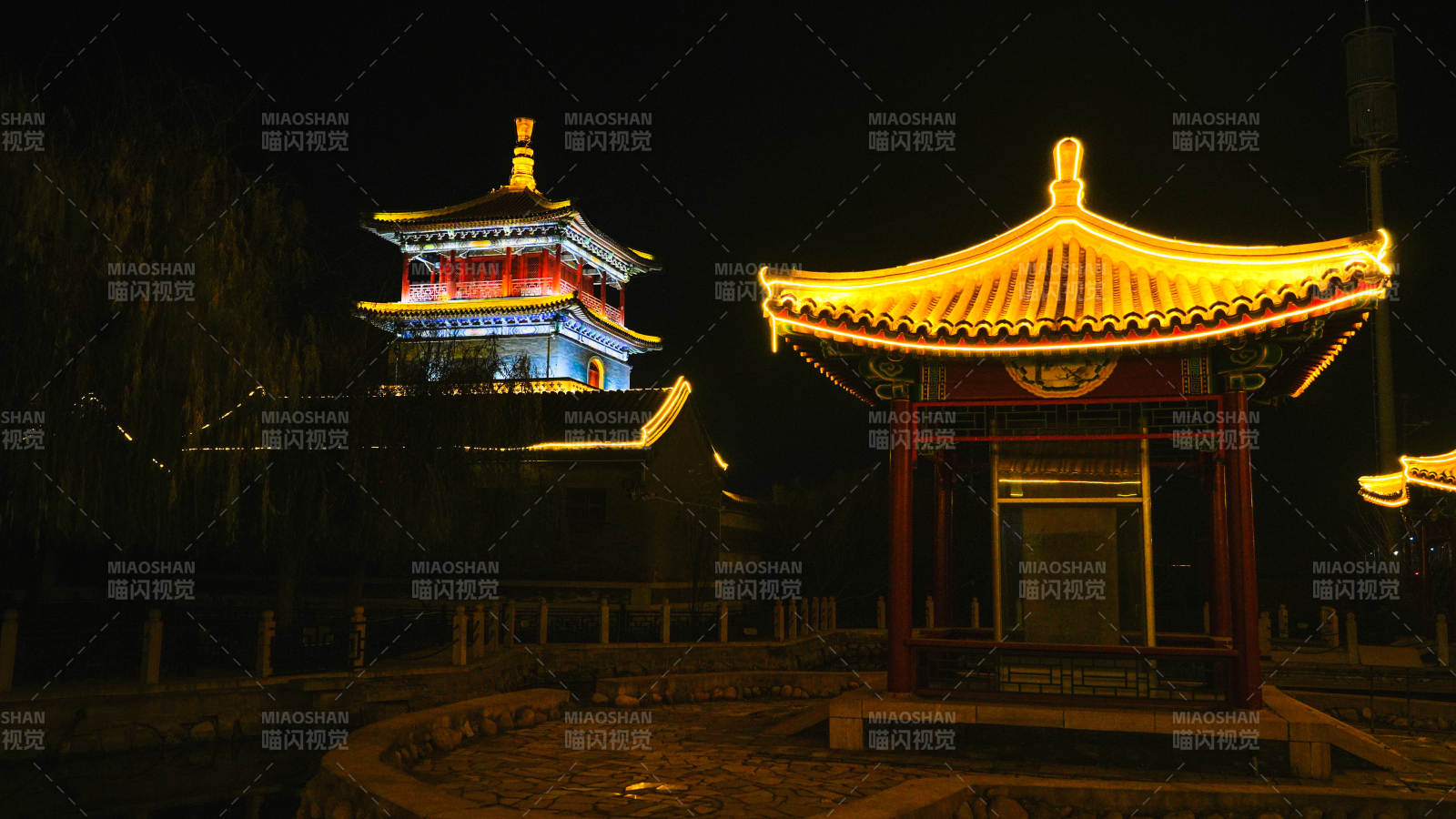 廊坊霸州胜芳古镇夜景古亭灯光璀璨图片