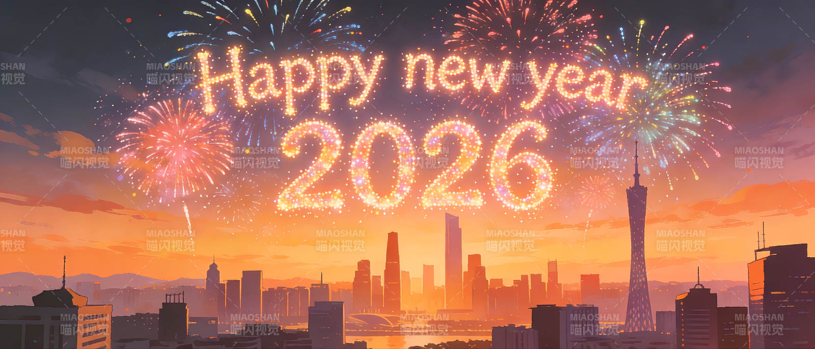 广州城市建筑新年快乐烟花秀图片