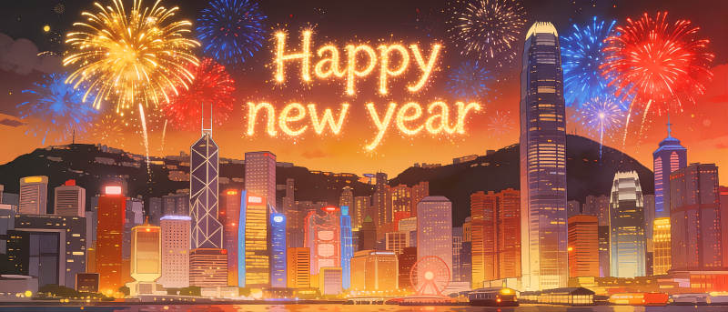 香港城市建筑新年快乐烟花璀璨图片