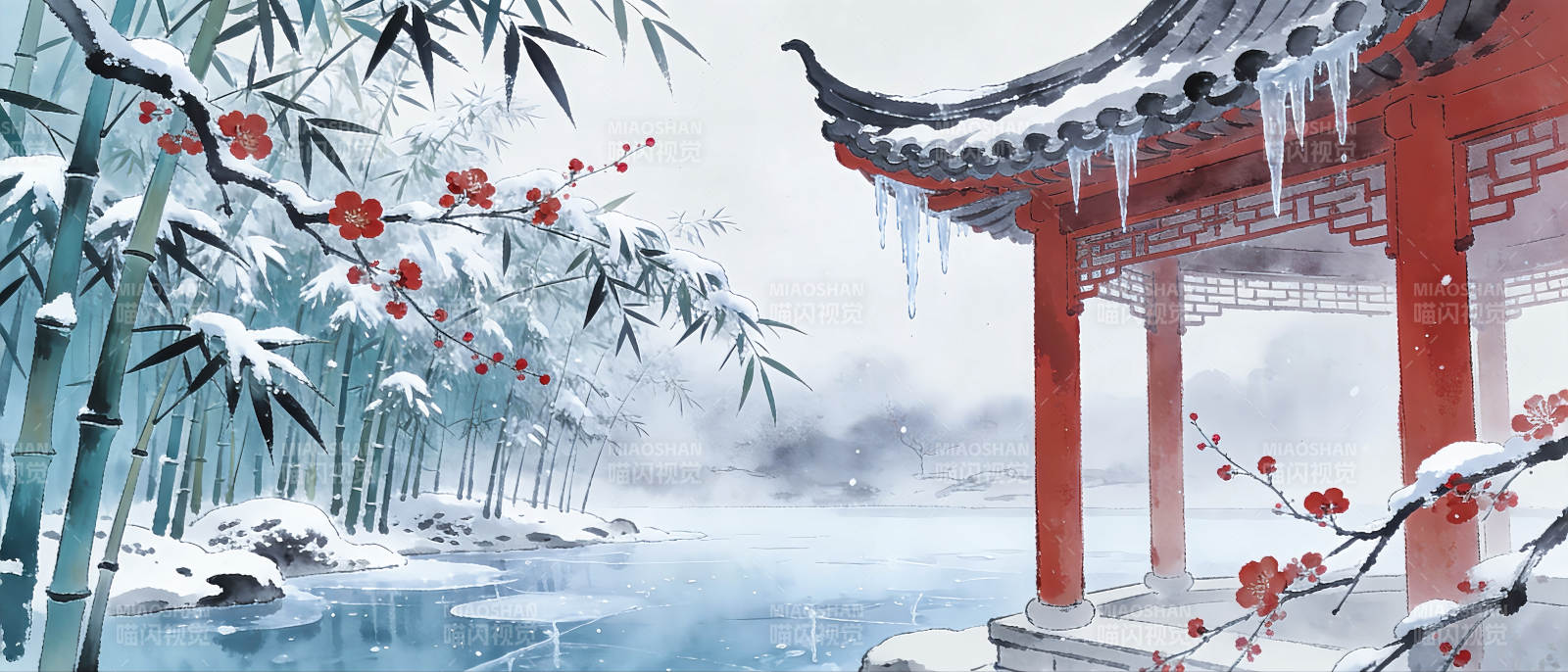 雪中竹亭图片