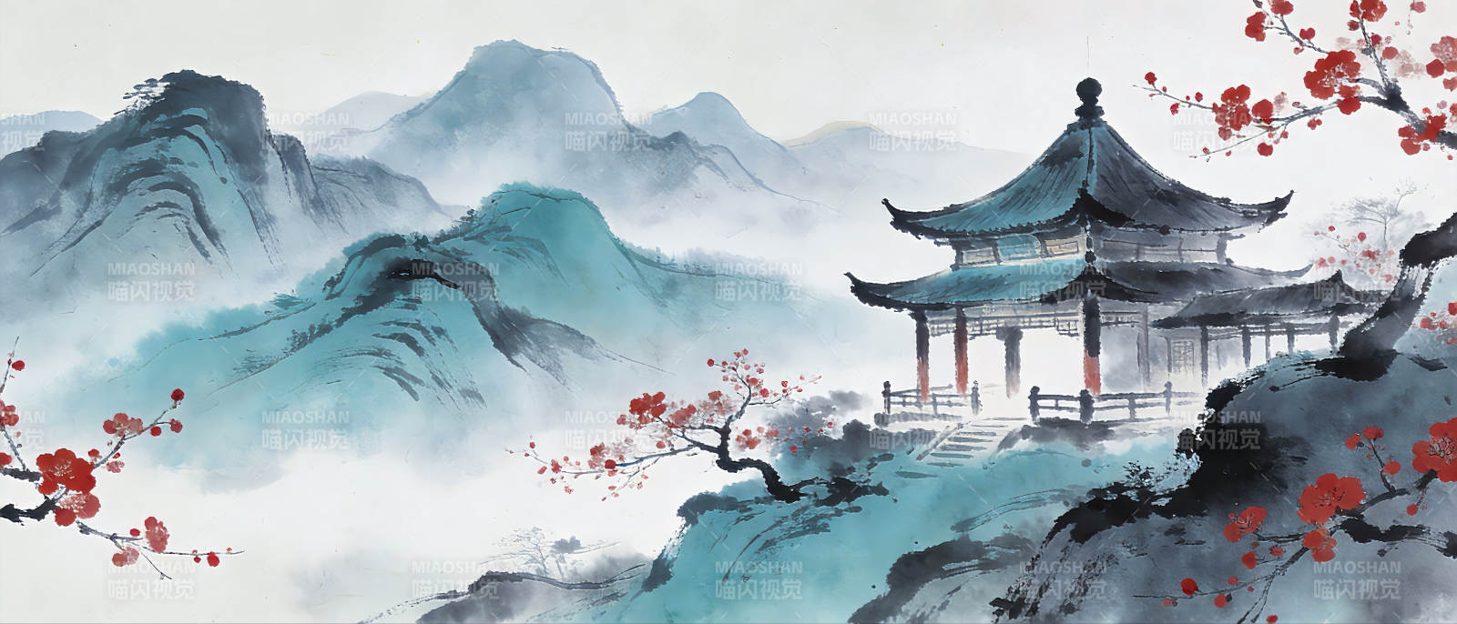 山水亭阁春意浓图片