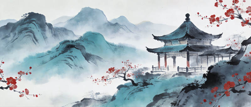 山水亭阁春意浓图片