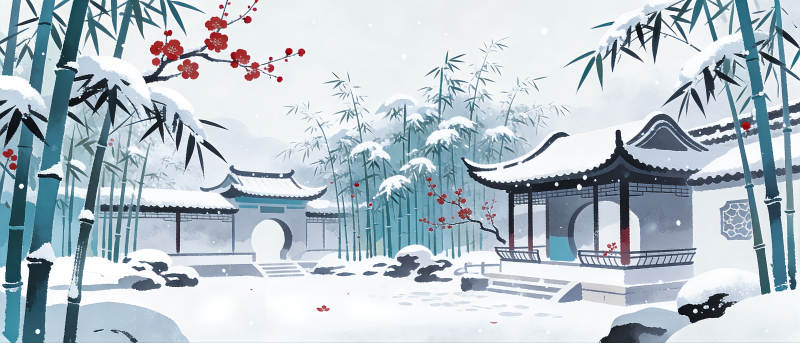 雪中竹园古亭图片