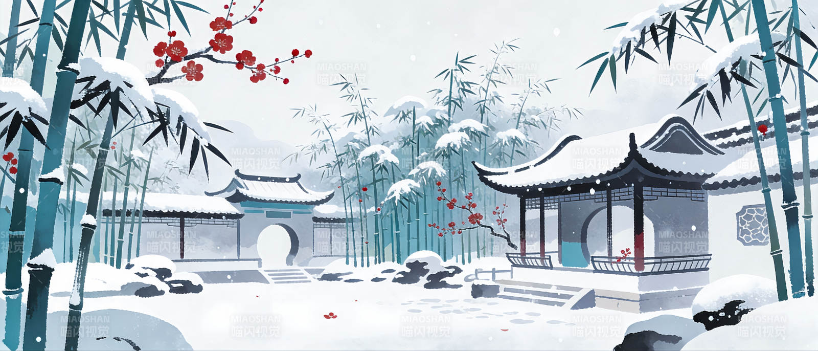 雪中竹园古亭图片