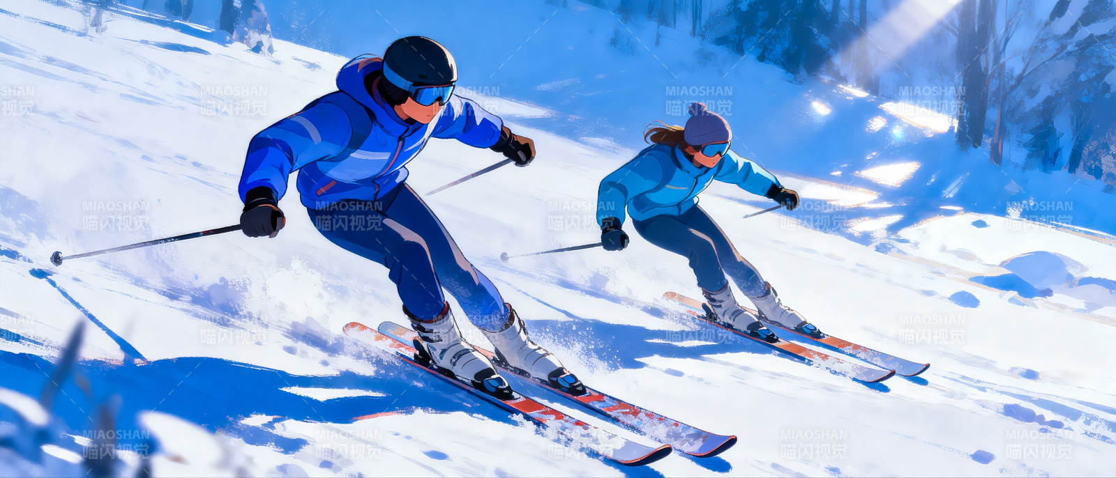 雪地双人滑雪图片