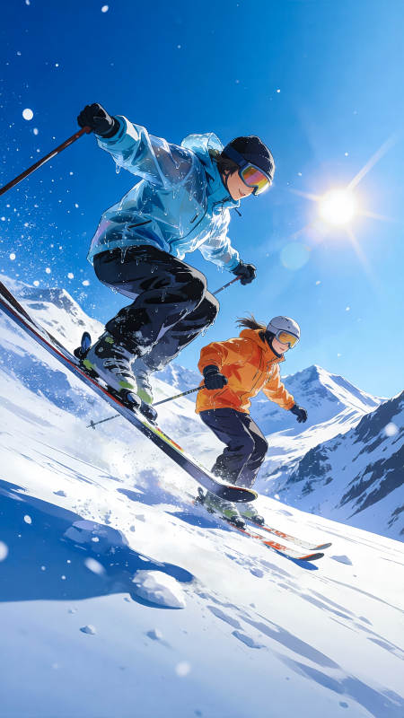 雪上疾驰 双人滑雪图片