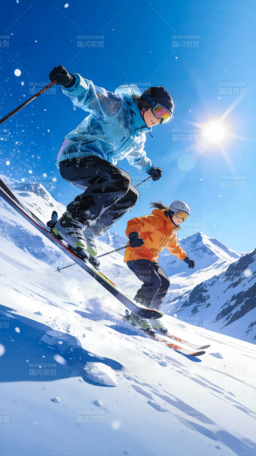 雪上疾驰 双人滑雪图片