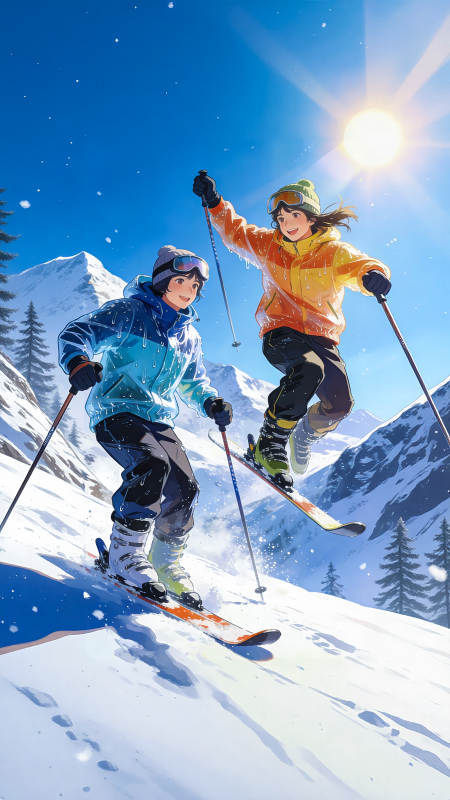 雪山滑雪双人行图片