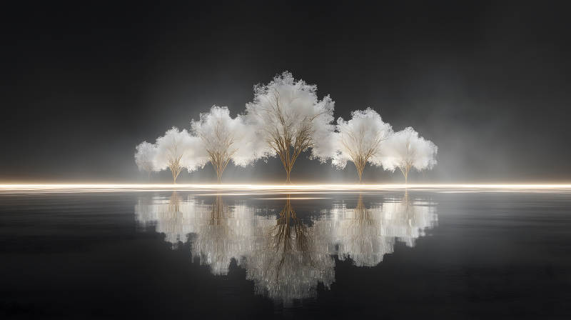 梦幻般的树与倒影在黑暗中图片