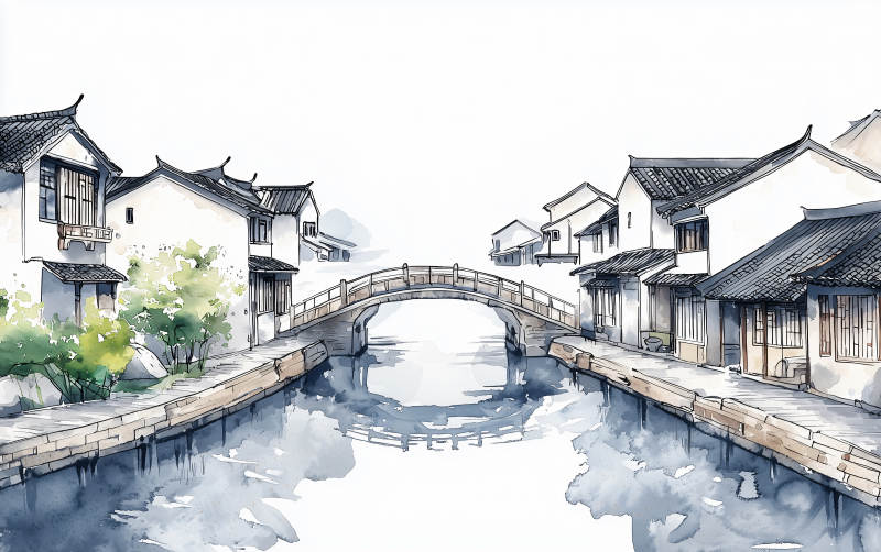 水墨画江南古镇水乡图片