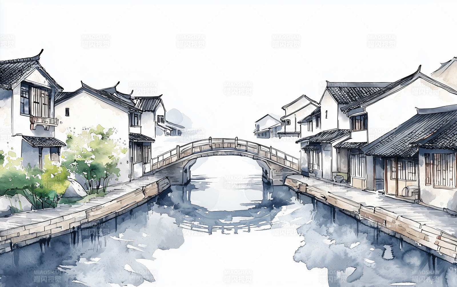 水墨画江南古镇水乡图片