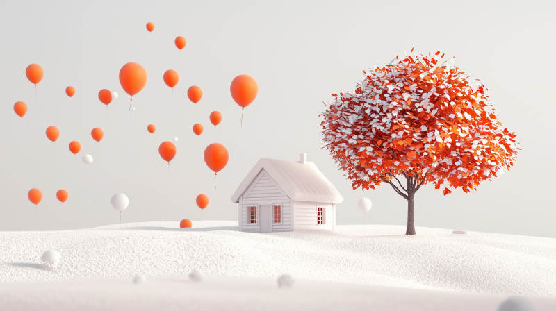 橙色气球与秋日小屋图片