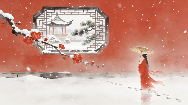 雪中红衣行图片