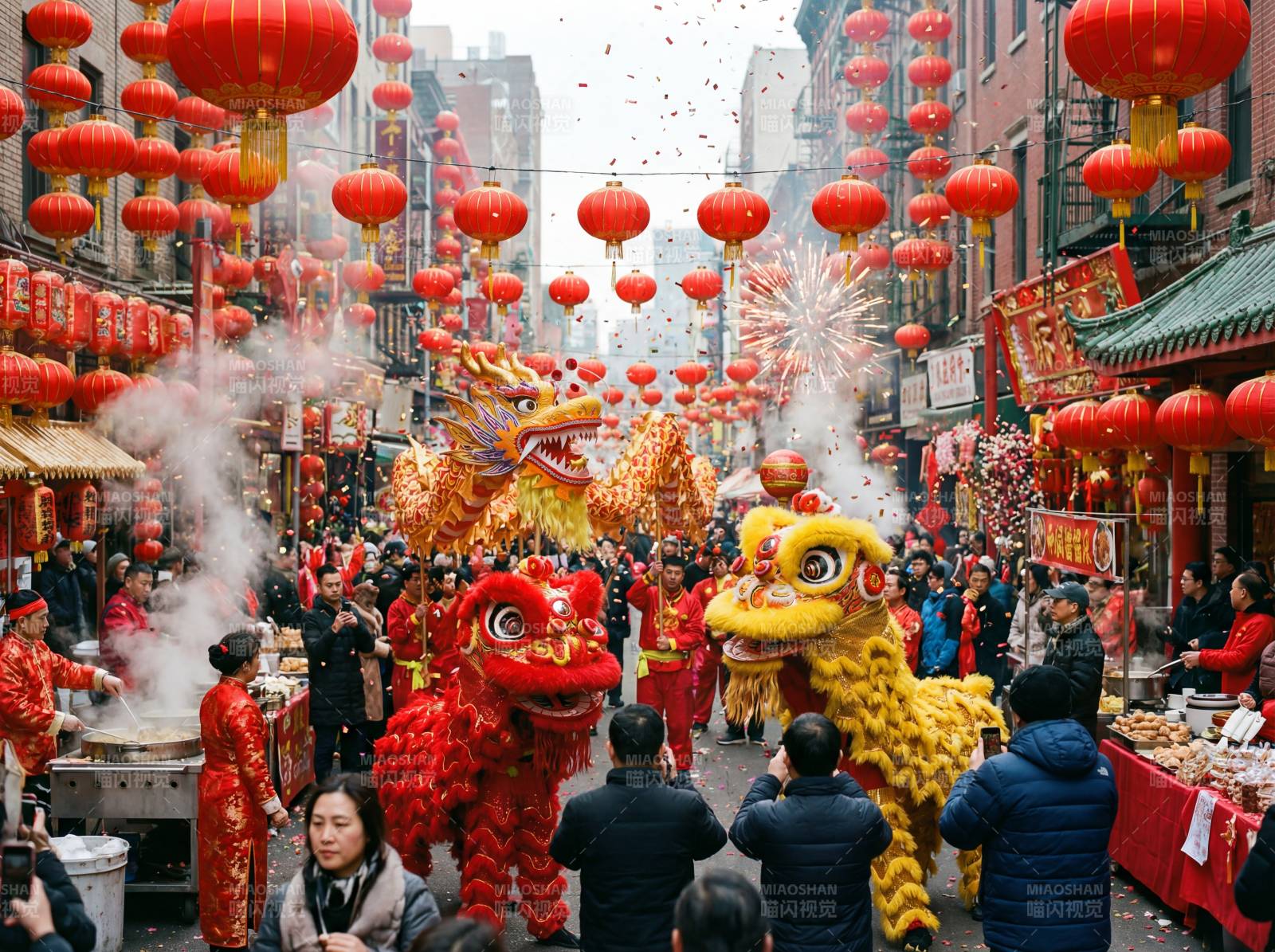 春节舞狮闹市景图片