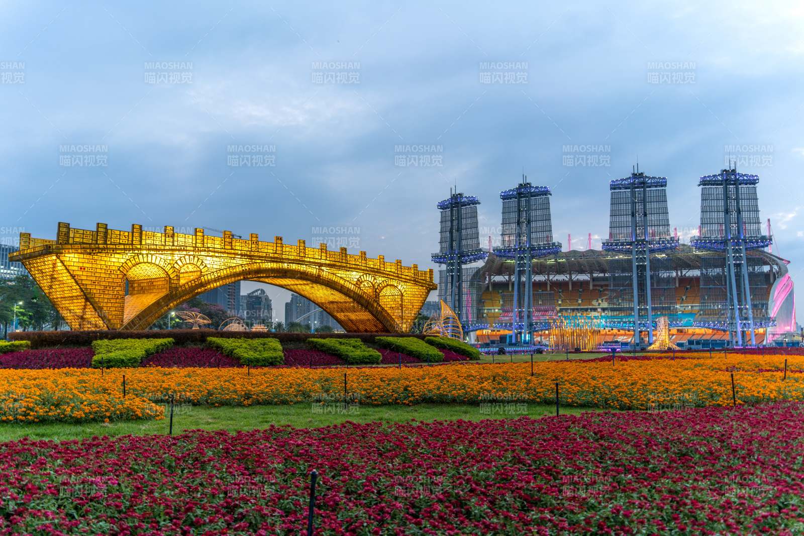 广州海心沙户外花海与丝路金桥花海拱桥夜景图片