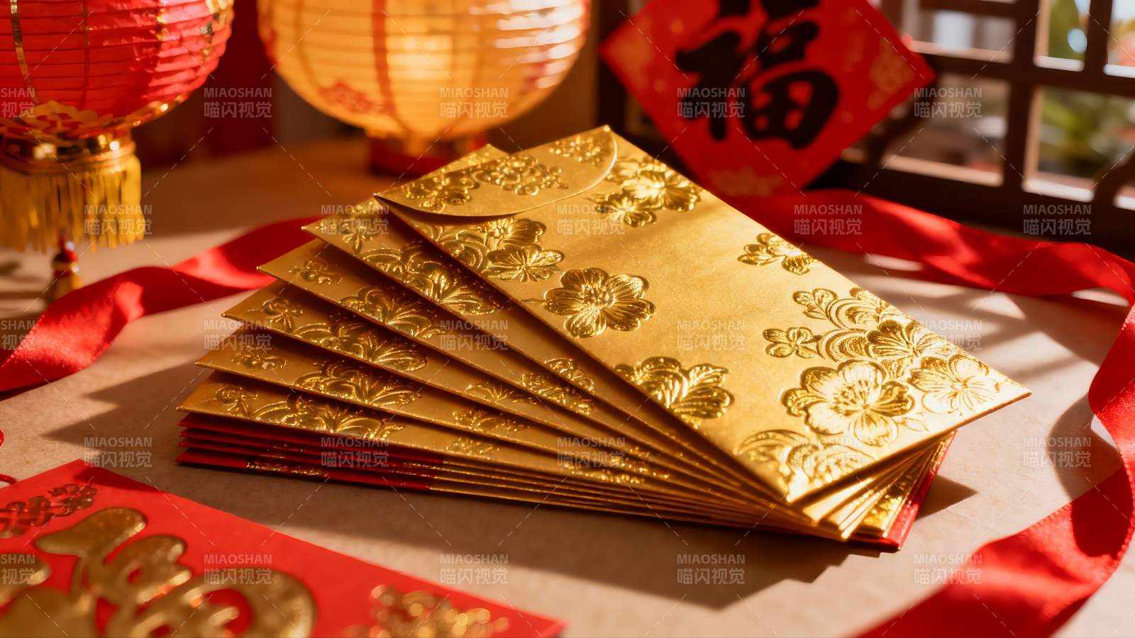 春节红包与灯笼装饰图片