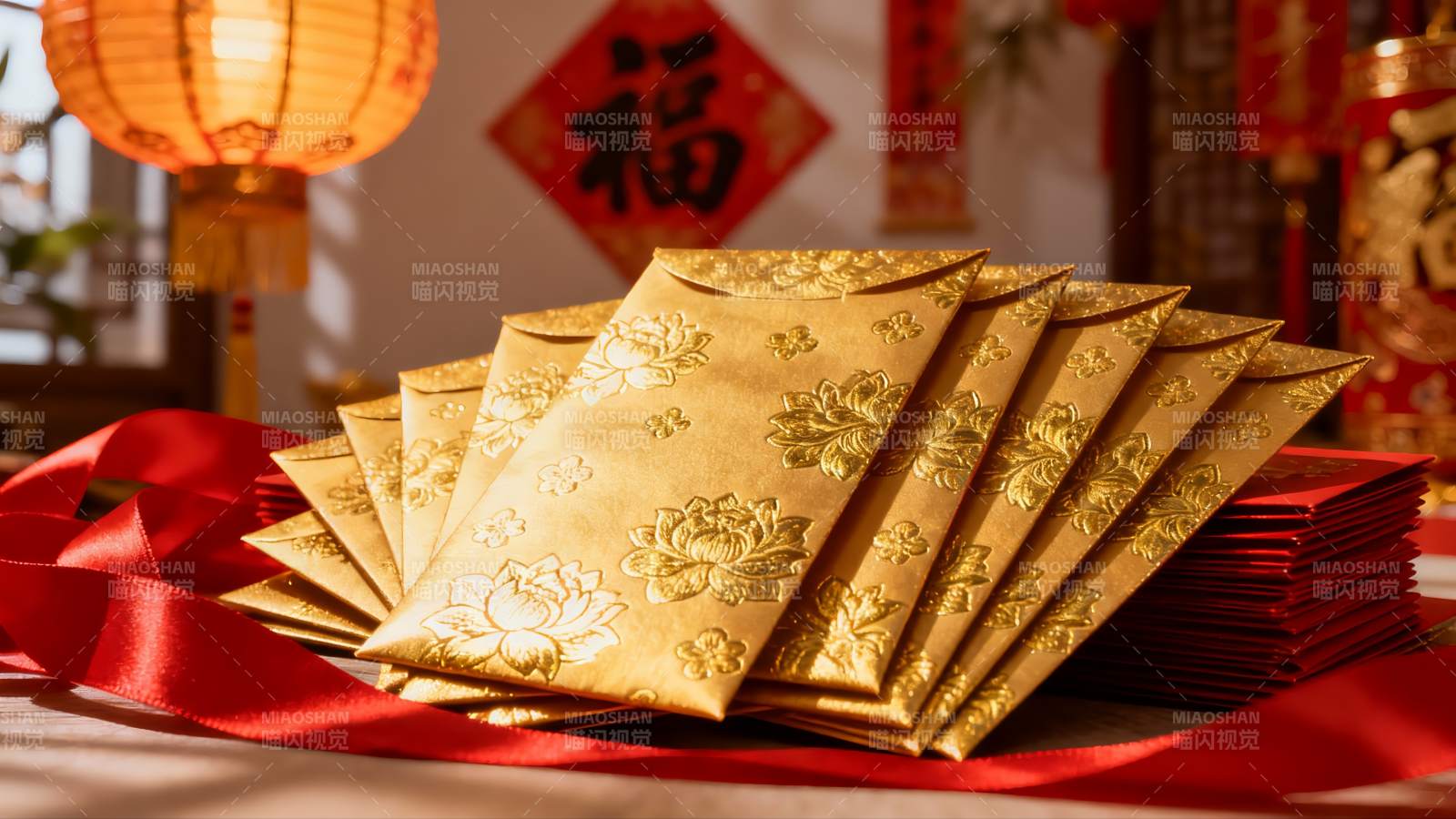 春节红包与灯笼装饰图片