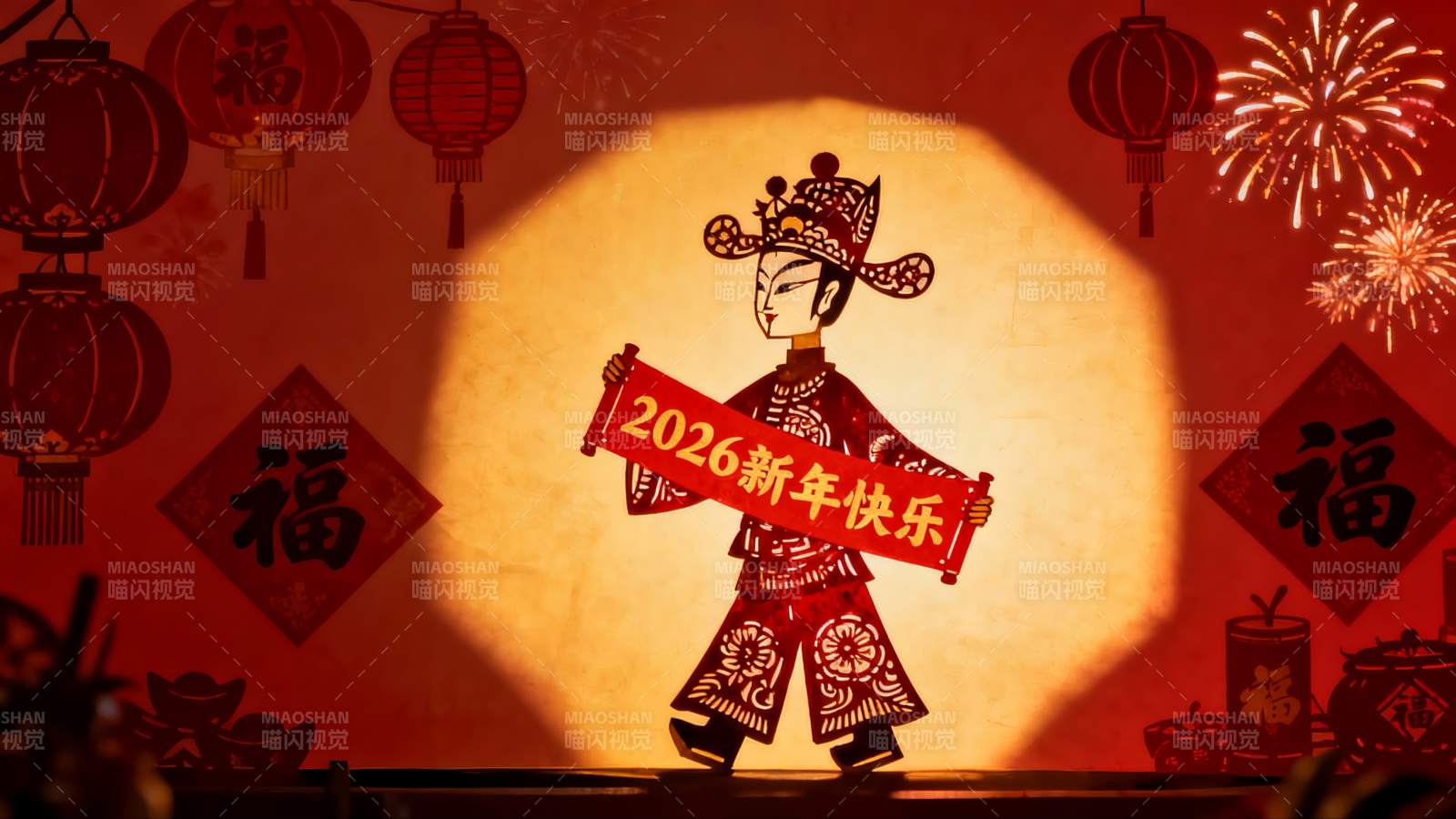 新年剪纸艺术人物与灯笼烟花图片