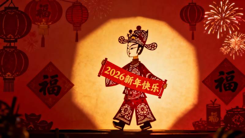 新年剪纸艺术人物与灯笼烟花图片