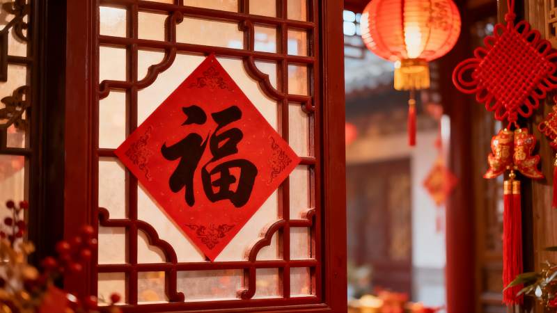 中式窗格挂福字灯笼装饰图片