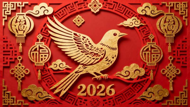 红色背景金色剪纸鸟年画图片