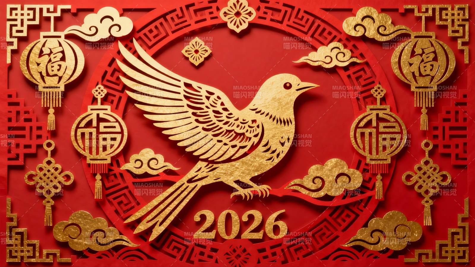 红色背景金色剪纸鸟年画图片