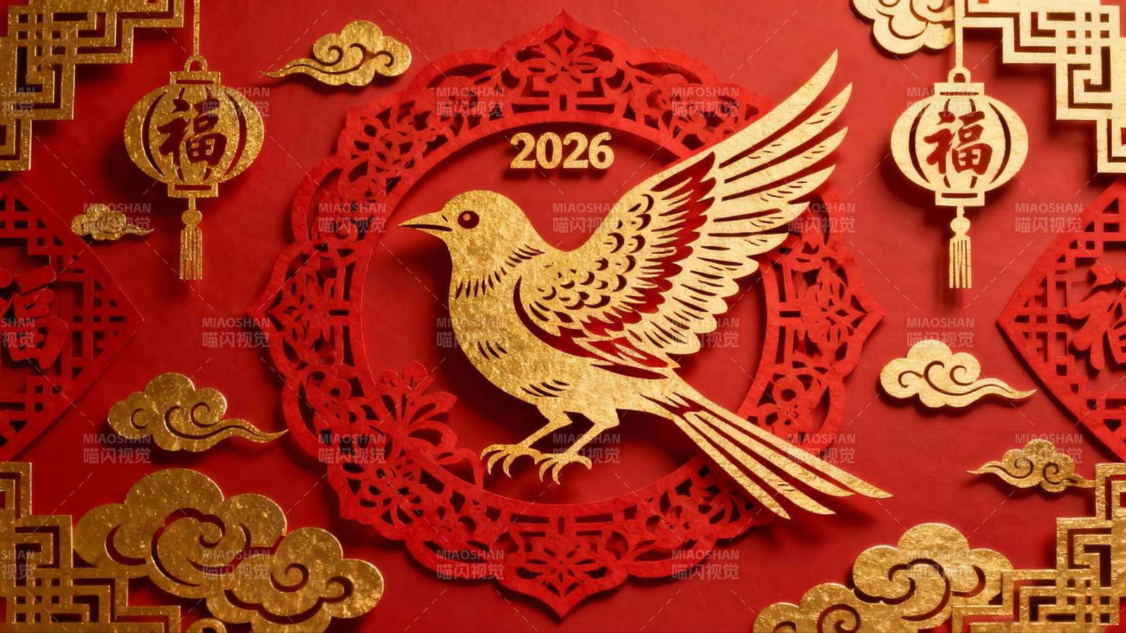 红色背景金色剪纸鸟年画图片