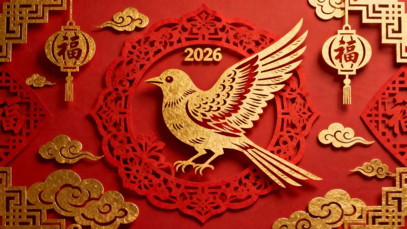 红色背景金色剪纸鸟年画图片