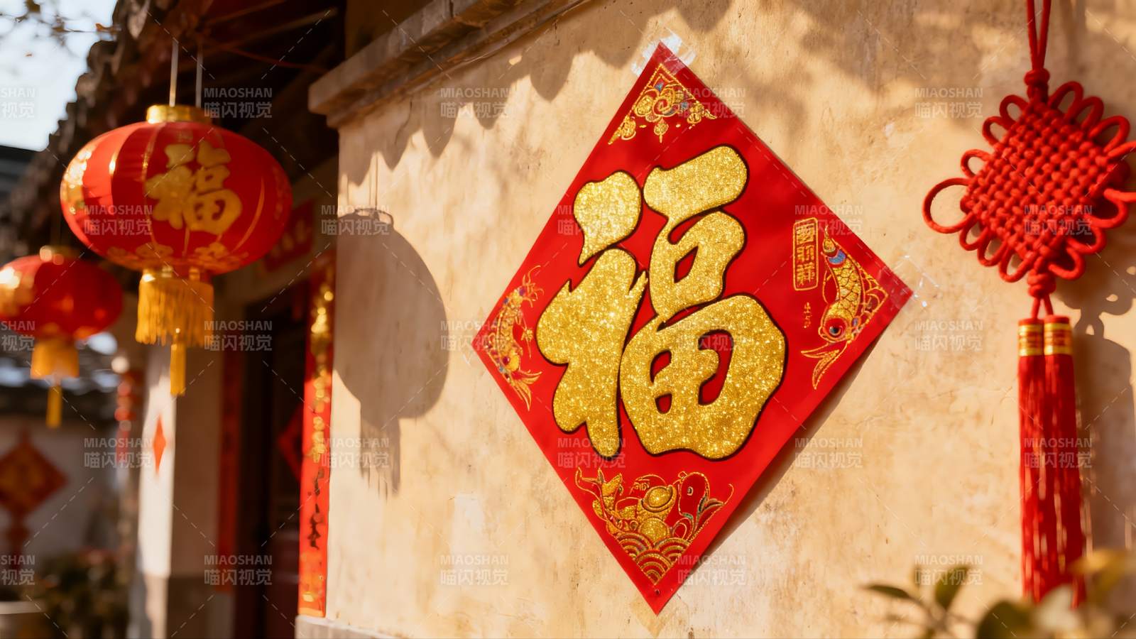 古建筑墙上的春节装饰图片