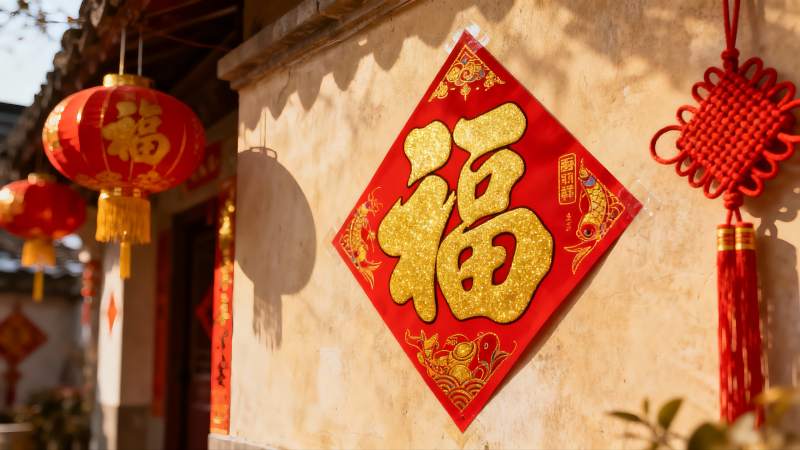 古建筑墙上的春节装饰图片