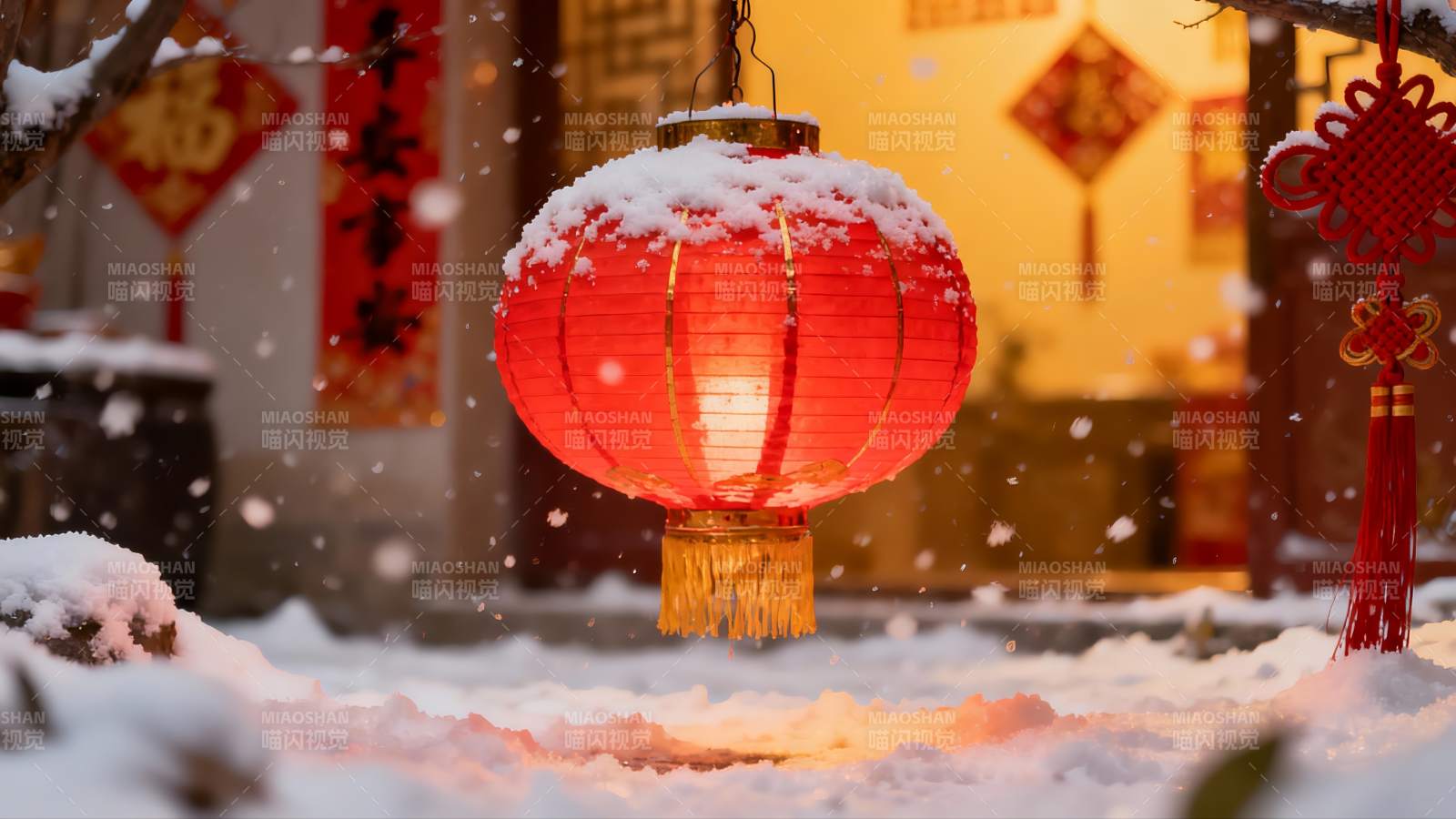雪中红灯笼映衬古建筑图片