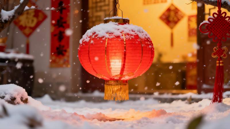 雪中红灯笼映衬古建筑图片