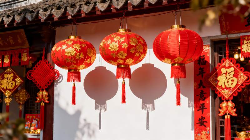 红灯笼挂檐下迎新春图片
