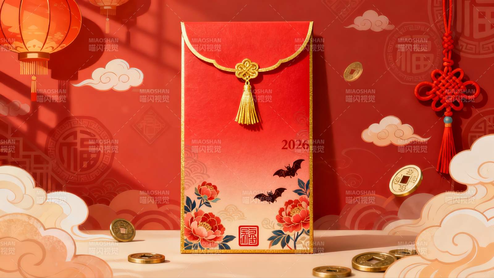 红色红包配传统装饰新年氛围浓厚图片