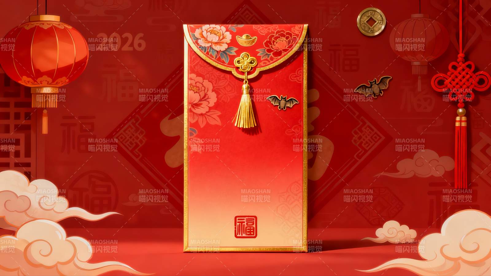 红色新年红包配传统装饰图片