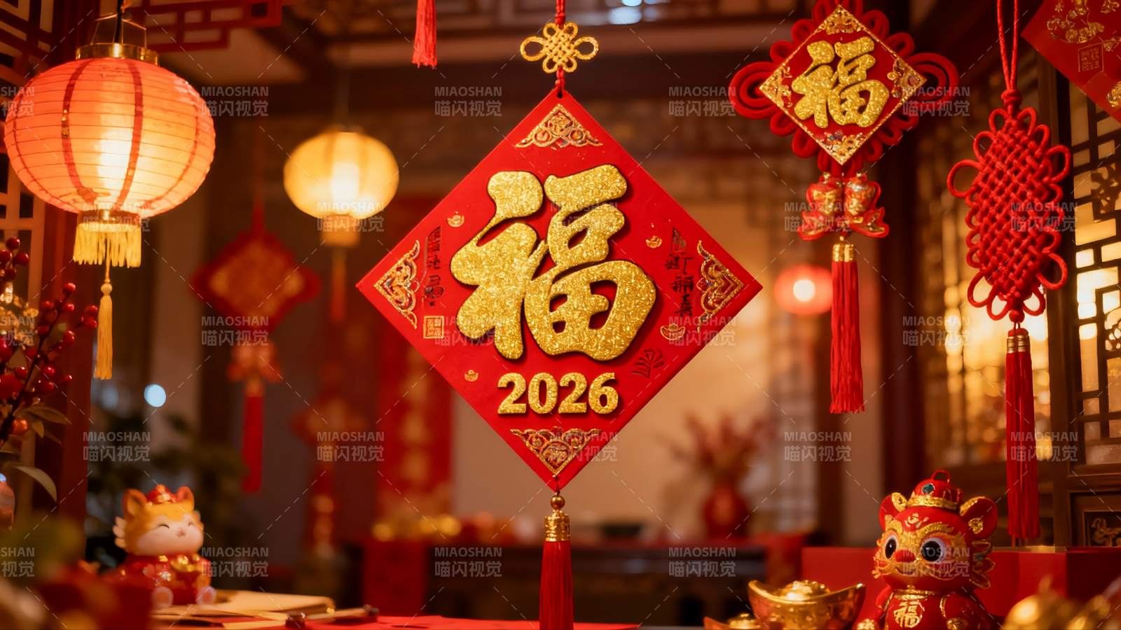 春节室内装饰红灯笼福字图片