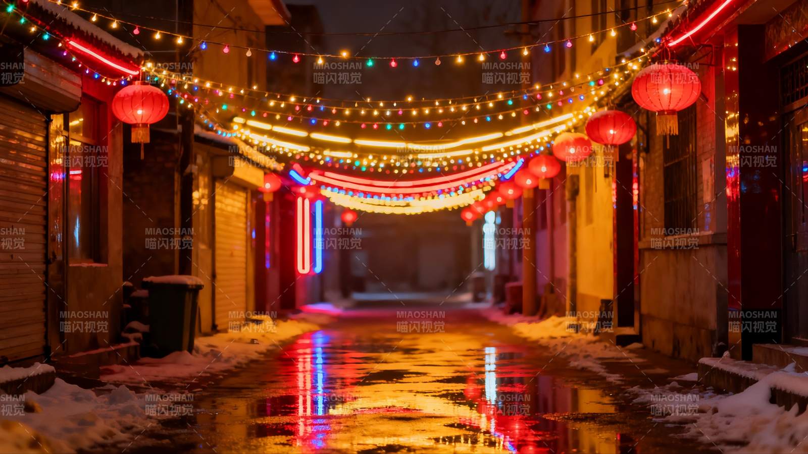 雪夜古街彩灯红灯笼图片