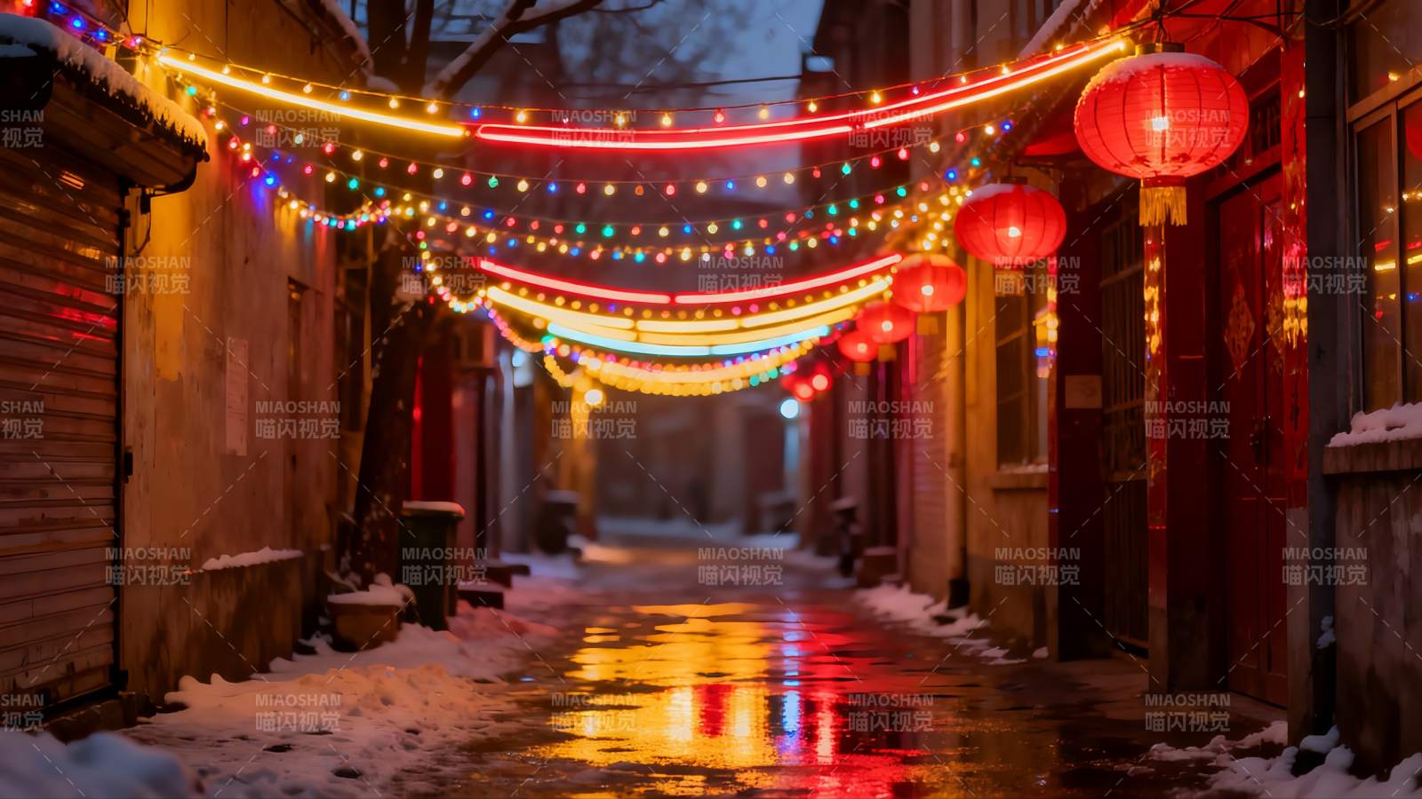 雪夜古巷彩灯红灯笼图片