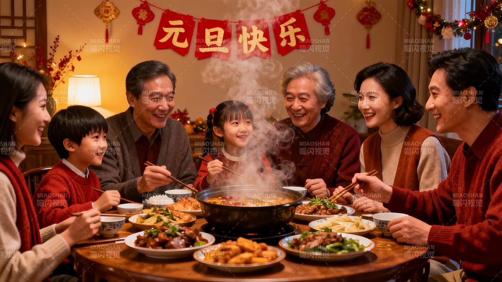 新年家庭聚餐热气腾腾图片
