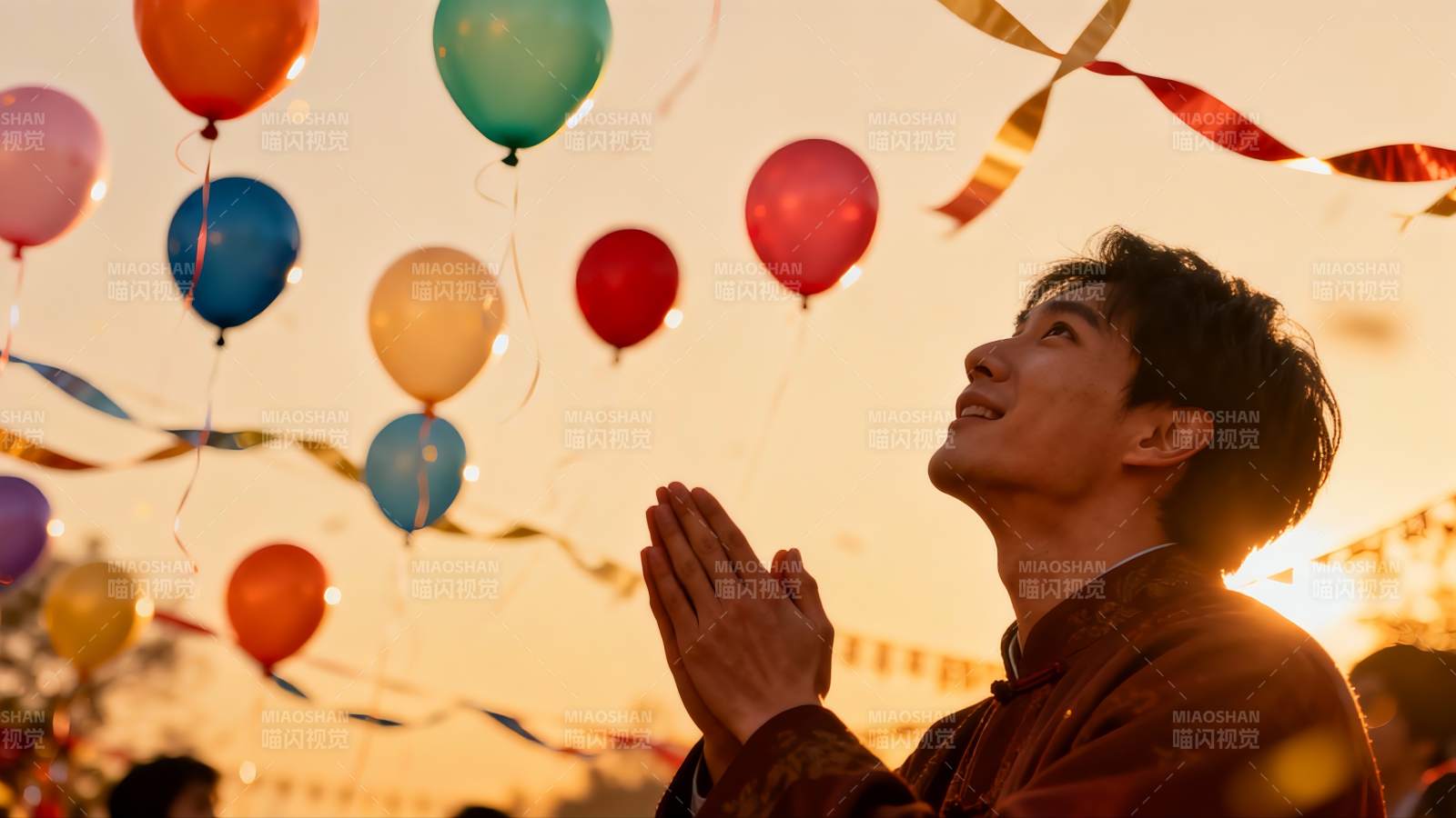 男子合掌仰望彩色气球图片