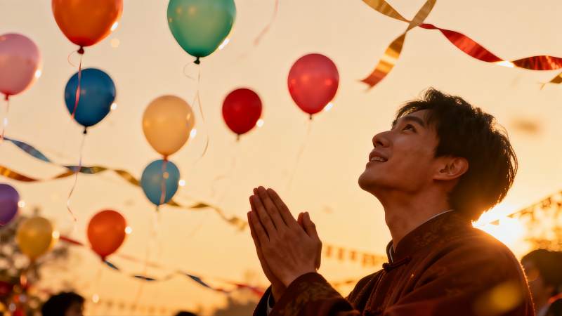 男子合掌仰望彩色气球图片